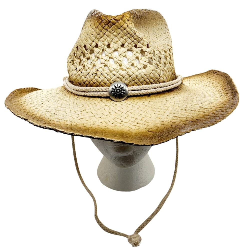 Vintage Rinco Western Cowgirl Medallion Tan Brown Straw Hat Youth Sz 5 Wide Brim